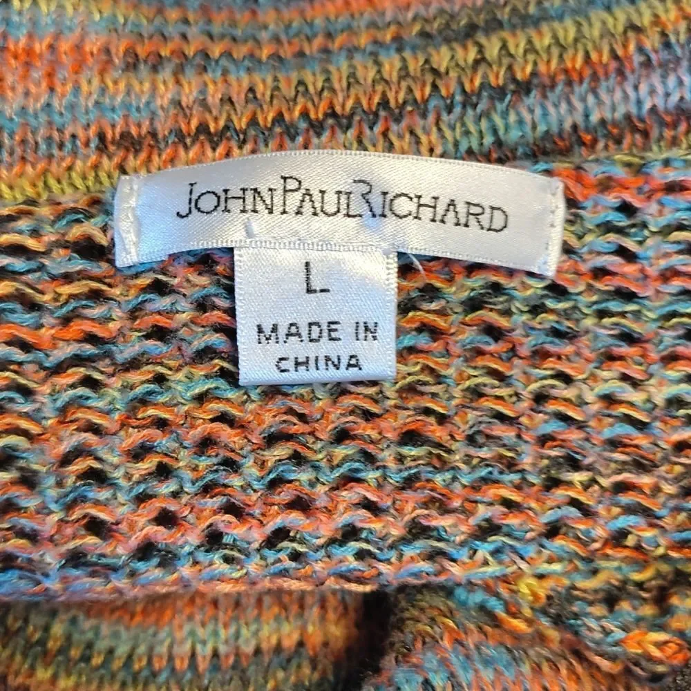 VTG JohnPaulRichard Colorful Elbow Sleeve Crochet‎ Knit Sweater Large